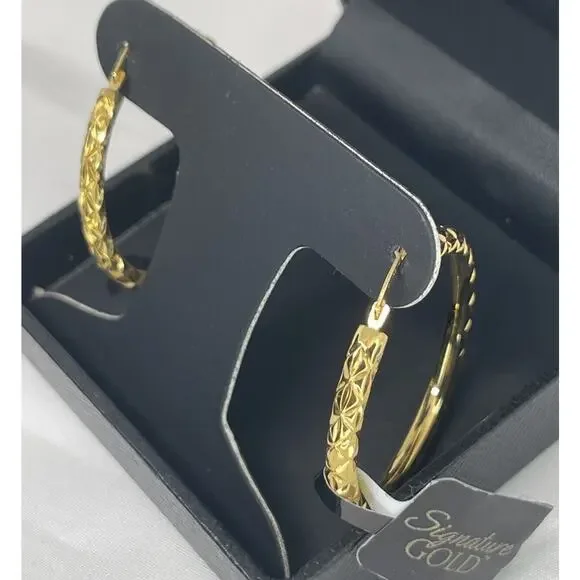 14K Gold Over Resin Hoop Diamond Cut Earrings Style Stunning Trendy Fashion NEW